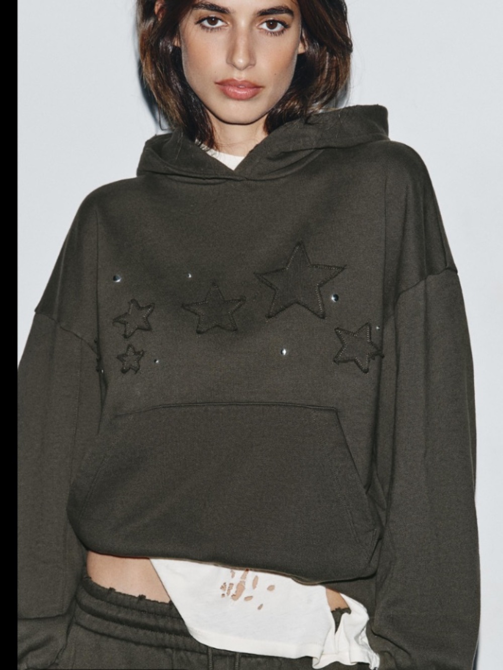 ZARA Dark Brown/Gray Star Appliqué Hooded Sweatshirt Studs Medium